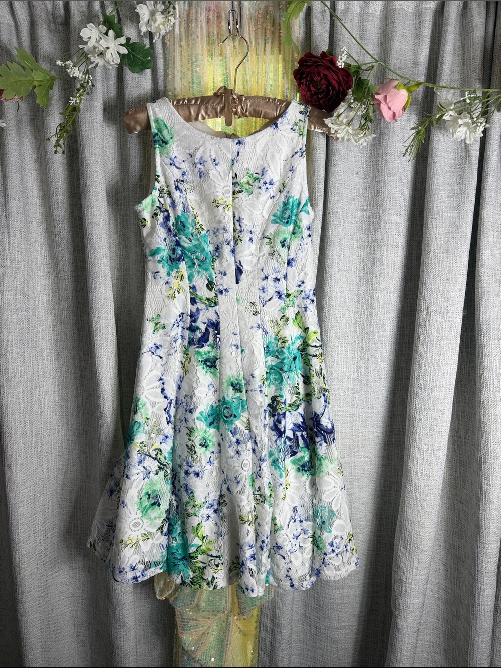Studio One White Floral Lace Midi Dress with Teal and Blue Accents